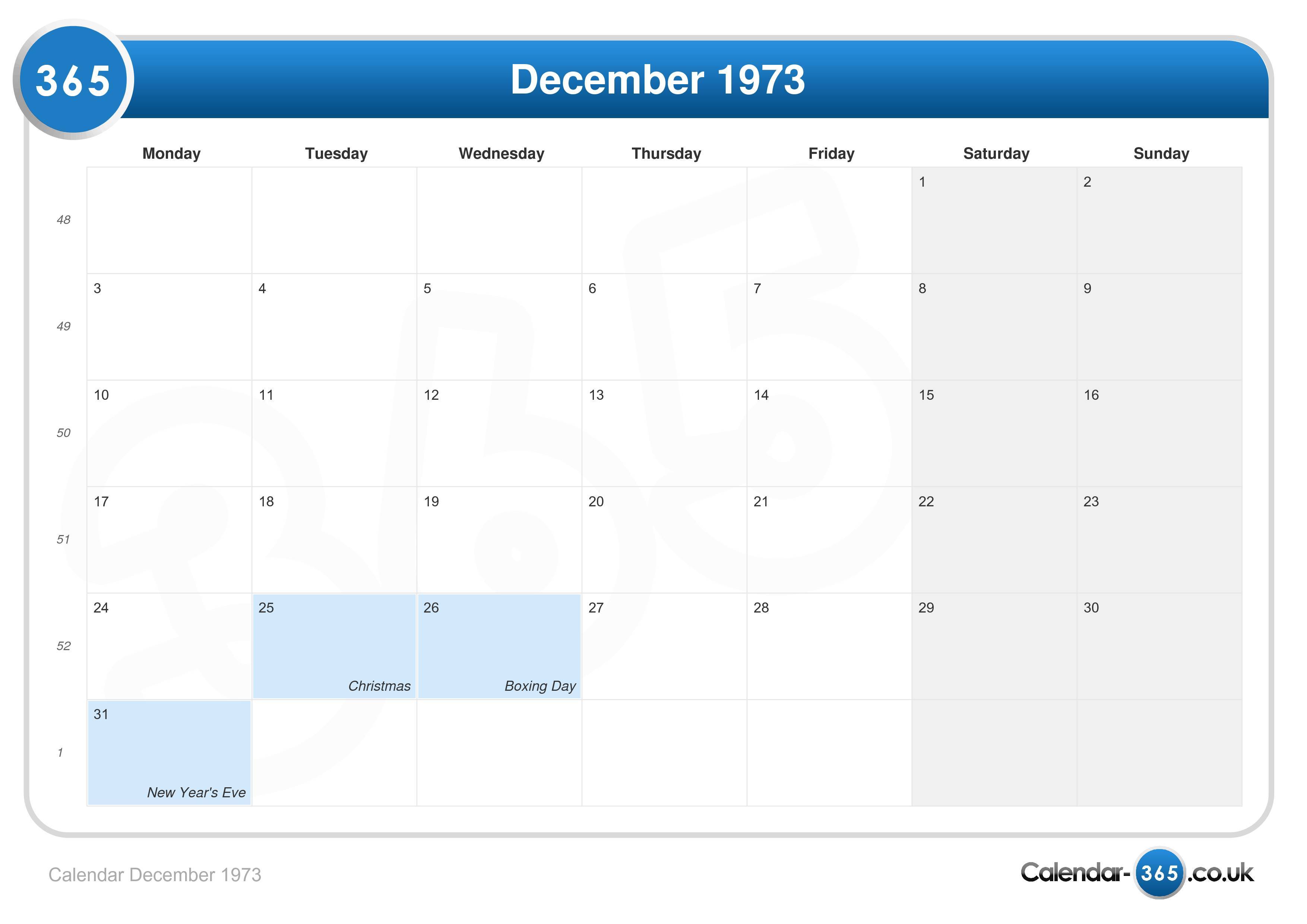 Calendar december 1973
