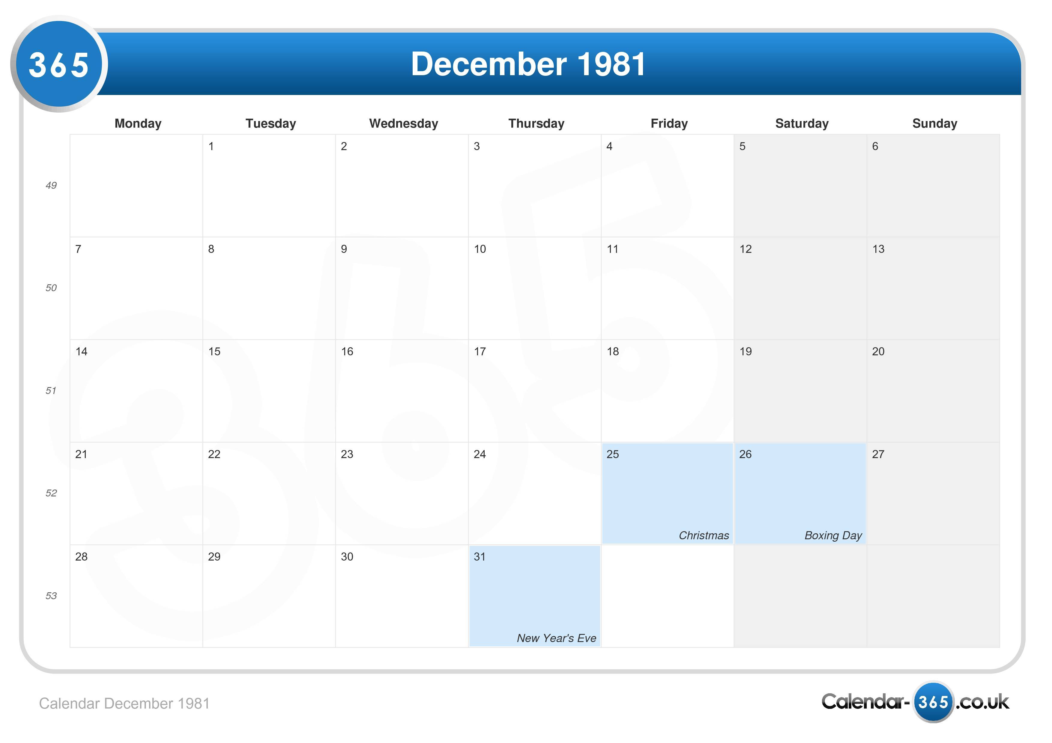 Calendar december 1981