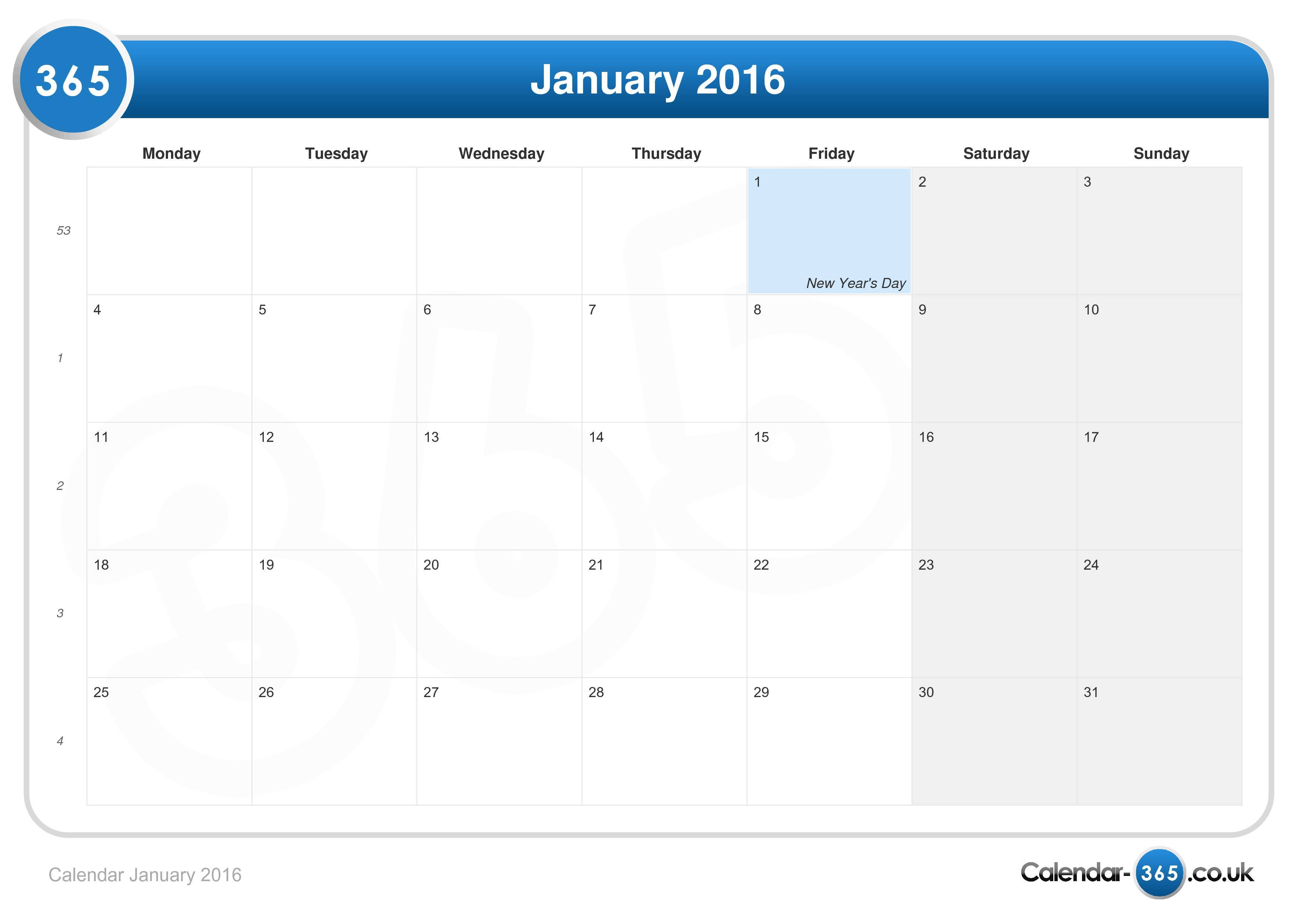 Calendar january 2016