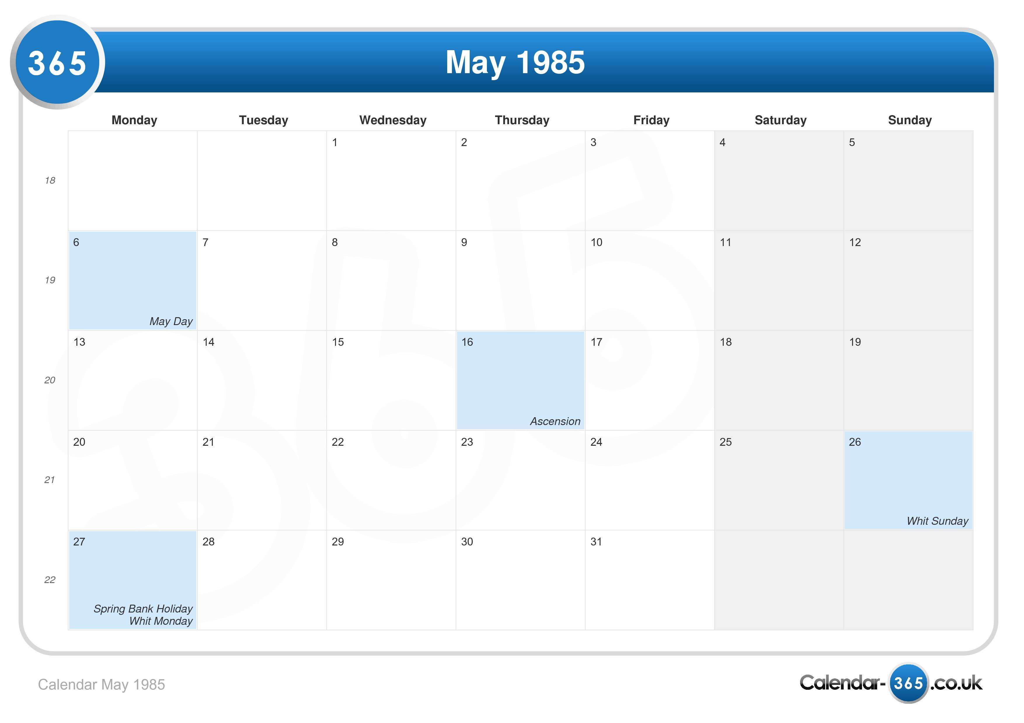 Calendar may 1985