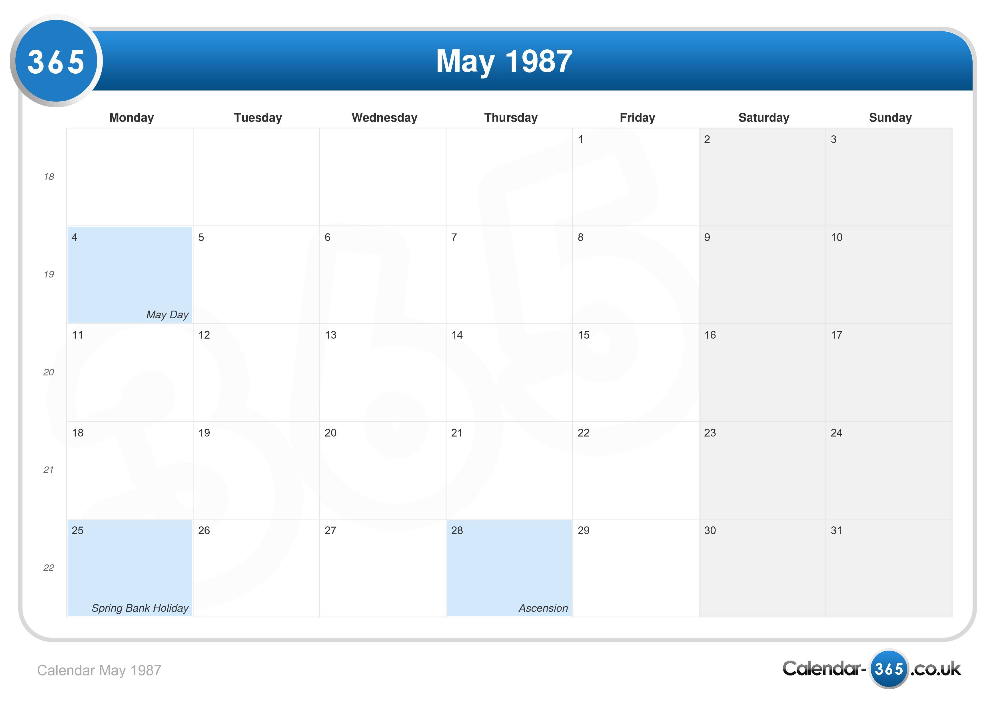 Calendar may 1987