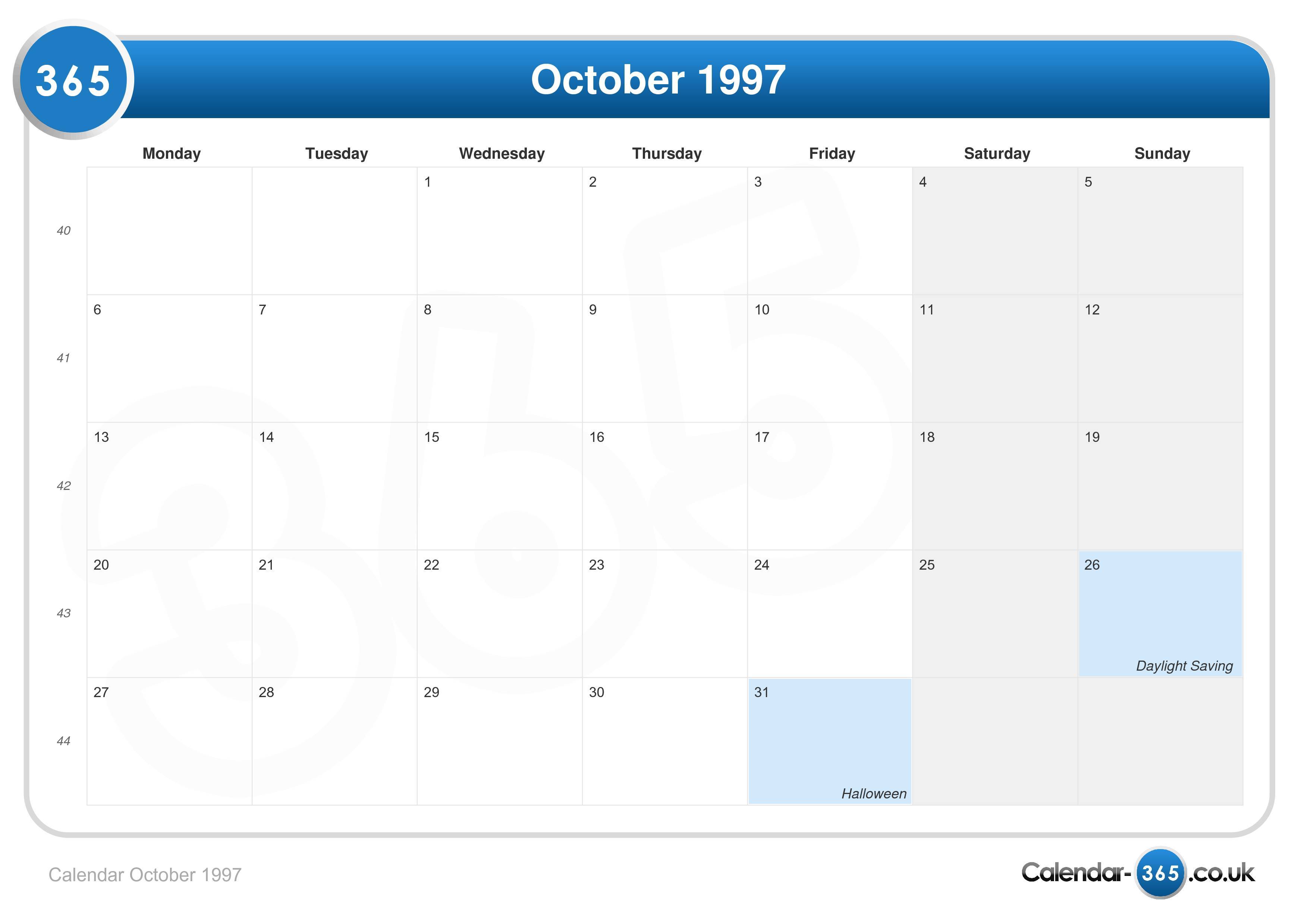 Calendar october 1997