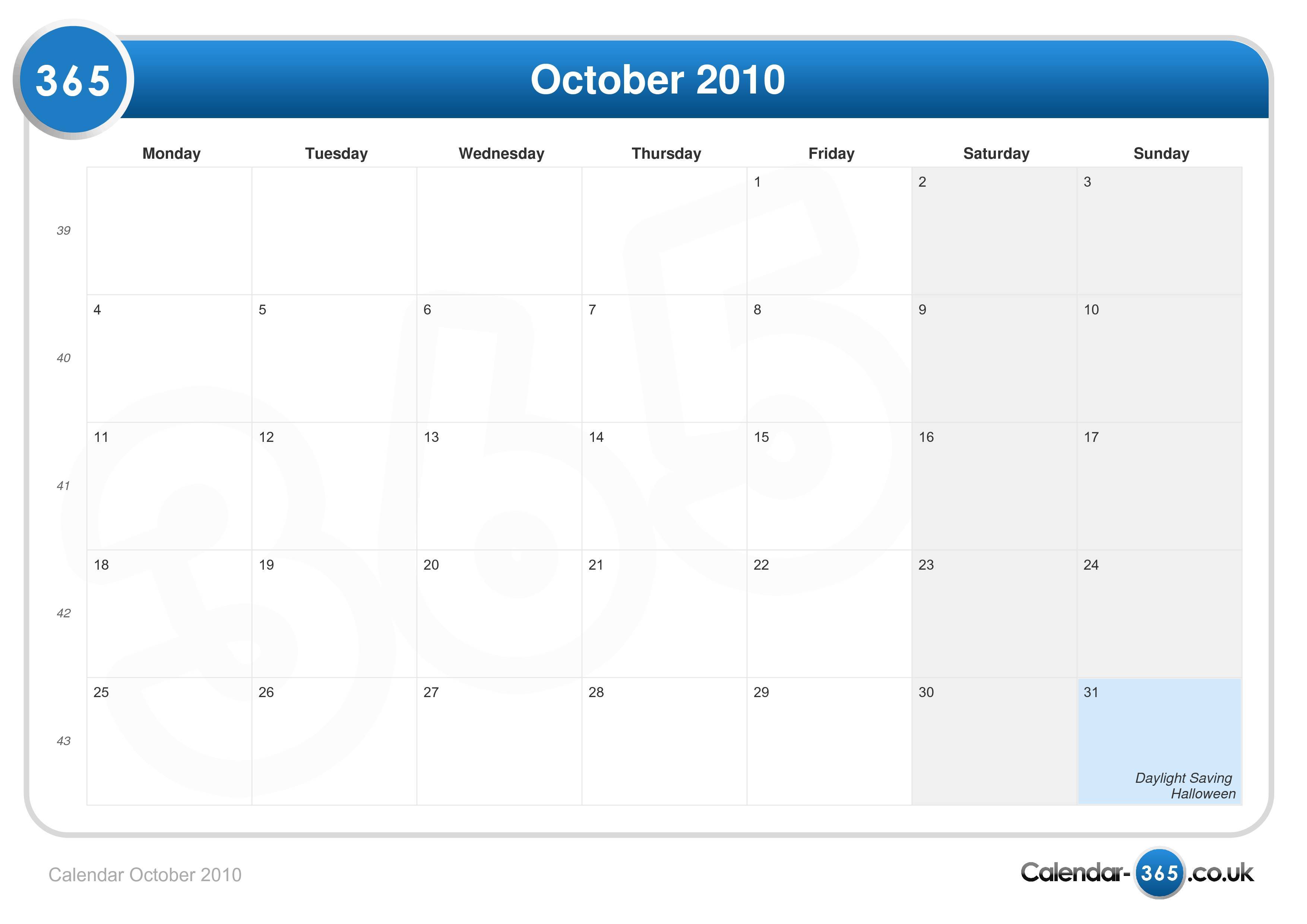 Printable October 2010 Calendar